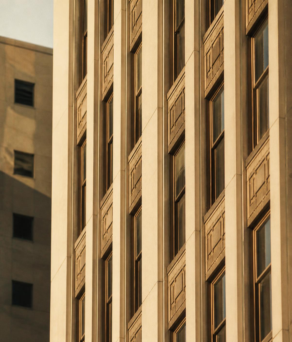 Downtown Los Angeles facade in late afternoon light near the Jewelry District